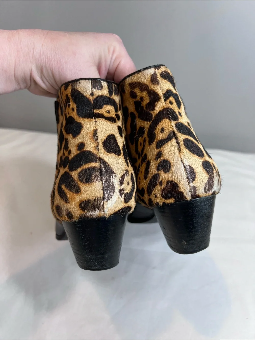Franco Sarto Quasar black leather ankle boots leopard print calf hair heel 10
